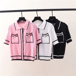 Summer lightweight knitted T-shirt Women's fashion lapel short-sleeved cardigan Pocket design pink short loose woolen coat 210623