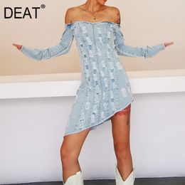 Autumn Fashion Casual High Waist Buttocks Sexy Women Show Thin One Line Collar Low Shoulder Denim Dress SG413 210421