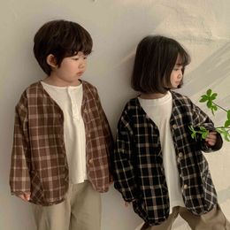 Kore tarzı ilkbahar yaz pamuk keten ekose ceketler çocuklar ince rahat unisex palto 210508