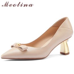 Meotina Women Shoes Genuine Leather Pumps Bow Pointed Toe High Heels Pearl Strange Style Heel Shoes Ladies Footwear Apricot 40 210608