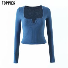 Toppies Sexy Square Collar Knitted Tops Woman Long Sleeve Thin Slim Sweater Cropped Tops Solid Colour 210412