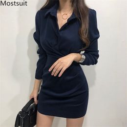 Autumn Korean Fashion Shirt Dress Women Long Sleeve Turn-down Collar Mini Dresses Solid Sexy Ladies Vestidos Femme 210513