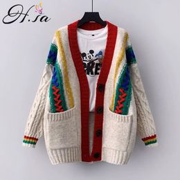 H.SA Women Spring Cardigans V neck Off Shoulder Oversized Sweater Coat Red Twisted Knitted Long Jacket Lolita Tops 210417