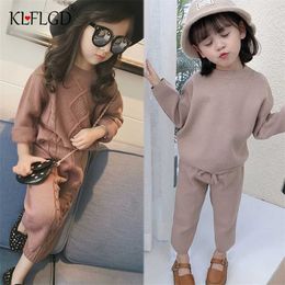 Autumn and winter girls' woollen clothes trousers warm Suit Girls' baby knitted sweater top + pants 2-piece set 211224