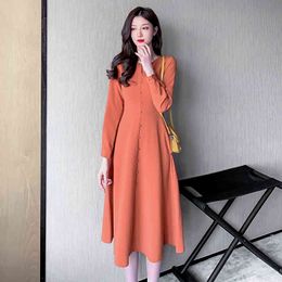 Women Spring Vintage French Style Dresses Slim Banded Waist Button Front Retro Holiday 210515