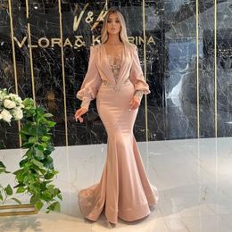 Arabic Blush Pink Mermiad Evening Dresses Sexy V Neck Plus Size Beaded Formal Prom Party Wears For African Women