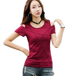 summer Fashion plus size off shoulder tshirt short sleeve women tops Solid color hole casual blusas 3022 210720