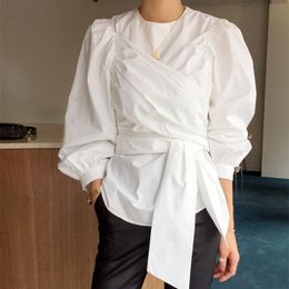 Elegant Womens Tops OL White Shirt Women Puff Sleeve Solid Korean Style Formal Blouse Shirts Office Lady 210421
