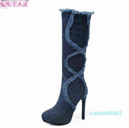 2022 Women Knee High Boots Thin High Heel Denim Fashion Women Shoes Patform Zipper Sexy Boots Big Size 34 42 Leather Boots Ladies From