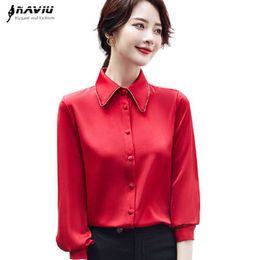 Red Saitn Shirt Women Long Sleeve Spring Fashion Tempermant Formal Blouses Office Ladies Work Tops Apricot 210604