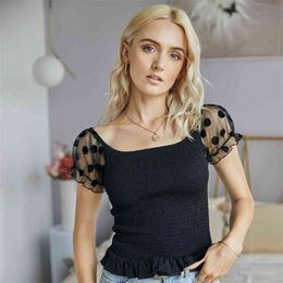 Summer Tshirt Polka Dot Sleeves Mesh Stitching Slim T-shirt Women Trendy Puff Sleeve Square Collar Wild T Shirt Female Tee 210517