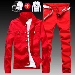 New Mens Boys Denim Jacket Trousers 2pcs Set Holes Denim Coat Jeans Pants Casual Handsome Male Clothing Autumn Wear Size S-XXL Q X0909