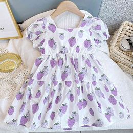 Summer Puff Sleeve Strawberry Print Cute Princess Dress Toddler Children's Clothes Sweet Girl 210515