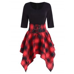 Gothic Plaid Mini Dress Women Preppy Sexy High Waist Asymmetric Casual Female Elegant Goth Punk Short Party Dresses Vestidos 210322