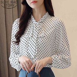 Polka Dot Casual Blouse Autumn Korean Chiffon Shirts Women Cardigan Tops Fashion Bow Tie Loose Long Sleeve Blusas 10642 210417