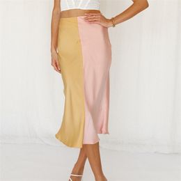 women's fashion Vintage A-Line skirts female high waist zipper satin Colour matching long skirt Mid-Calf for women 210508