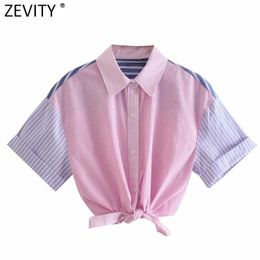 Zevity Women Sweet Patchwork Striped Print Pink Short Smock Blouse Female Hem Bowknot Breasted Shirt Chic Crop Tops LS9210 210603