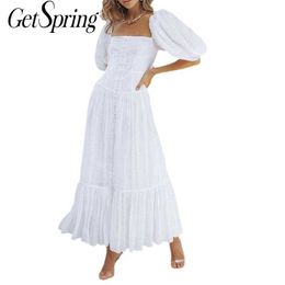 Getspring Women Dress Lantern Sleeve Square Collar Vintgae White Bohemian es For Fashion Girls Summer 210601