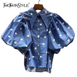 Blue Casual Print Shirt For Women Lapel Puff Short Sleeve Korean Slim Blouses Females Summer Fashion Style 210524