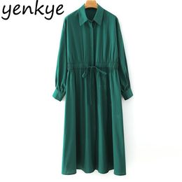 Vintage Green Dress Women Lapel Collar Long Sleeve Drawstring Elastic Waist Midi Casual Autumn Dresses Plus Size Vestido 210514