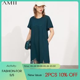 Minimalism Women's Summer Dress Fashoin Lace Patchwork Oneck Letter Embroidery Loose Tshirt 12130200 210527