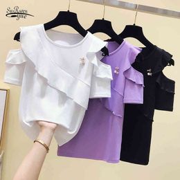 Fashion Short Sleeve Off Shoulder Blouse Tops Women Summer Slim Solid Color Ruffle Shirt Clothes Blusas 9117 50 210521