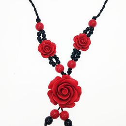 knit necklace Australia - Creativity Necklace Red Carved Lacquer Rose Design Short Brief Vintage National Trend Knitted Watch Jewelry For Women Pendant Necklaces