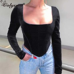 Colysmo Woman Black Tshirts Elegant Velour Long Sleeve Square Neck Slim Fit Crop Top Fall Women Party High Waist Casual Clothing 210527