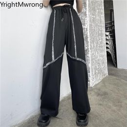 Women's Pants & Capris Patchwork Frill Furry Tassel Black Drawstring High Waist Loose Straight Pant Trouser Fashion Streetwear Sweatpant Sum