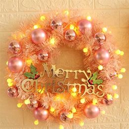 30/40/50cm Pink Christmas Wreath with Lights on The Door Wall Decorations Wreaths Garlands for Front Door Merry Christmas 2022 211104