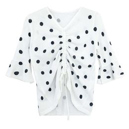 PERHAPS U White Polka Dot V Neck 3/4 Three Quarter Sleeve Flare Sleeve Women Chiffon Drawstring Shirt Blouse Black B0091 210529