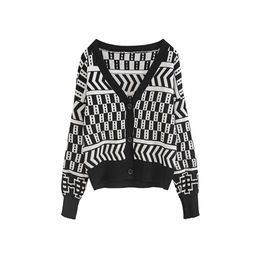 Women Cardigans Black White Retro Sweater Jumpers Long Sleeve Geometric Knit Coat Fall Winter Tops Clothing 210430