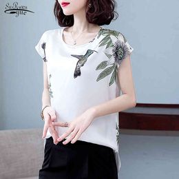 Summer Silk Shirt Blusas Mujer De Moda Printing Short-Sleeve Tops Plus Size Loose Round Neck Women Blouse 9874 210415