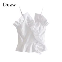 Sexy Ruffled Cotton Camisole Women Elegant White Spaghetti Strap Top Ladies Solid Sweet Backless Tops Ropa Mujer 210515