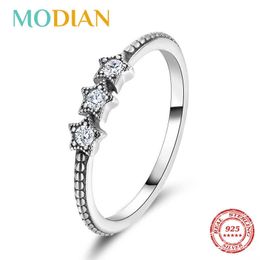 100% Real 925 Sterling Silver Vintage Stars Clear CZ Stackable Finger Ring For Women Charm Fashion Fine Jewellery Bijoux 210707