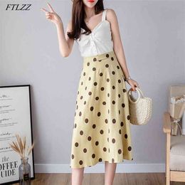 Spring Summer Women Green Polka Dot A-line Medium Skirt Casual Female Streetwear High Waist Loose Skirts 210430