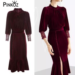 stand collar single breasted patchwork lace long sleeve spring autumn velvet bodycon slim midi dresses ropa de mujer za 210421