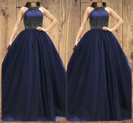 2022 Design Halter Dark Navy A Line Prom Dress Major Beaded Sexy Formal Evening Dresses Floor Length Satin Tulle Fashion Women Party Gowns