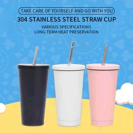 Stainless Steel Coffee Mug 500ml Mug With Lid Beer Mugs For Tea Cup Metal Cup Drink Straw Drink Straw Travel Cups 210409