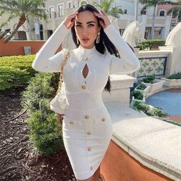 High Quality Women's Sexy Button White Long Sleeve Celebrity Bodycon Rayon Bandage Dress Elegant Runway Party 210525