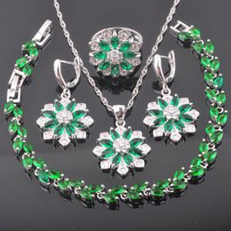 Earrings & Necklace Alluring Green Cubic Zirconia Flower Silver Colour Jewellery Sets For Women Costume Earrings/Necklace/Bracelet/Ring QS277