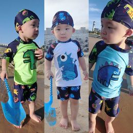 Boy Bath Beach Costumes Children Swims Dinosaur Print 3pcs Baby Swimsuit for Uv Protection Kid Swimwear 2021