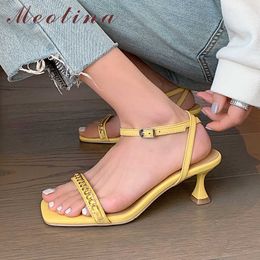 Meotina Shoes Women Genuine Leather Sandals Ankle Strap High Heel Sandals Chain Thin Heel Shoes Square Toe Lady Footwear Summer 210608