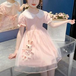 2021 Summer Princess Kawaii Kids Dress Girls Puff Sleeve Tulle Pretty Cute Children Dress Pink Plaid Casual Vacation Clothes New Q0716