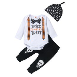 Halloween Cartoon Neonato Vestiti per neonato Lettera di trucco Manica lunga O Collo Pagliaccetto in cotone Tutina Top Pantaloni Cappello Set di abbigliamento per bambini
