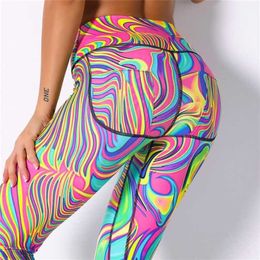 Sexy Leggings Colourful Printed Fitness Women High Waist Push Up Sport Seamless Female Gym Pants 211204