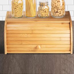 Bamboo Wood Roll Top Bread Bin Storage Box Kitchen Food Case Loaf Container