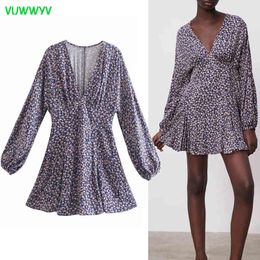 Elegant Purple Floral Print African Dress Women Vintage Party Short Woman Long Puff Sleeve Draped Ladies es 210430