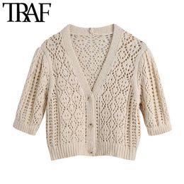 TRAF Women Fashion Hollow Out Cropped Knitted Cardigan Sweater Vintage V Neck Short Sleeve Female Outerwear Chic Tops 210415
