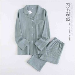 Japanese cotton crepe men's long-sleeved + trousers Pyjamas spring and autumn thin couple home service suit ladies 210809